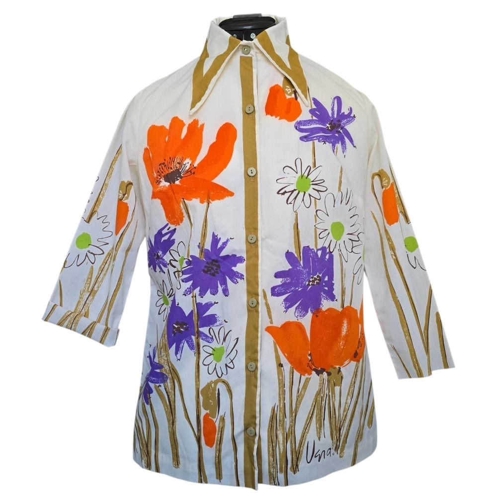 VTG 60s Vera Neumann Floral Button-Up Blouse Size 10 Art Deco Dopamine Dressing